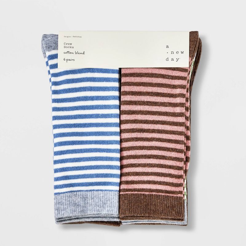 Women&#39;s Striped 6pk Crew Socks - A New Day&#8482; Assorted Colors 4-10, 3 of 11
