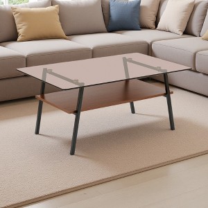 35.43" Glass Oval Coffee Table with Oak Legs - 1 of 4