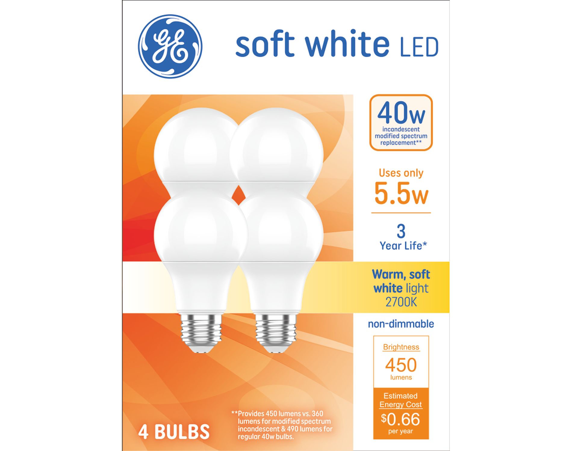 GE 4pk 40W Soft White A19 LED Light Bulbs