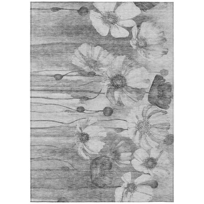 Gray Charcoal And Silver Floral Washable Indoor Outdoor Area Rug
