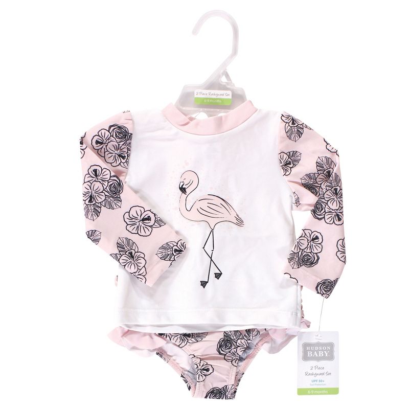 Hudson Baby Infant and Toddler Girl Swim Rashguard Set, Floral Flamingo, 3 of 6