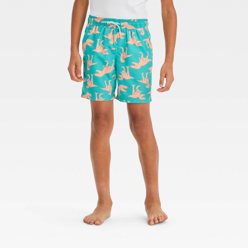 Boys&#39; Dino Printed Swim Shorts - Cat &#38; Jack&#8482; Turquoise Green, 1 of 5