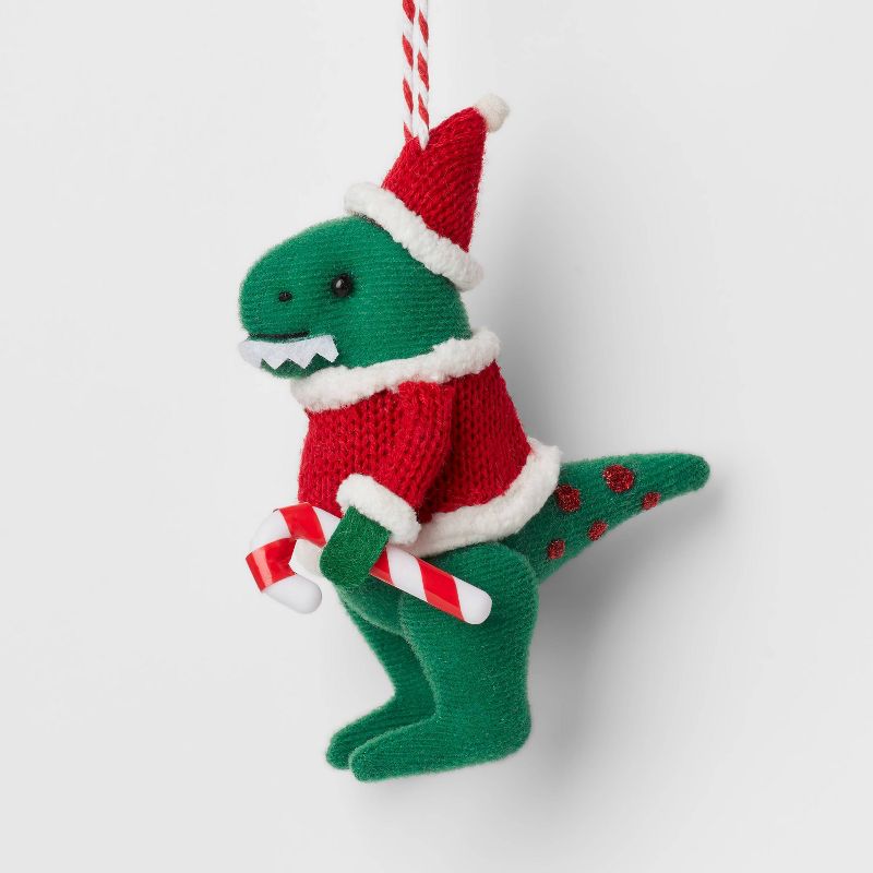 Fabric Tyrannosaurus Rex with Candy Cane Christmas Tree Ornament Green/Red - Wondershop&#8482;, 1 of 4