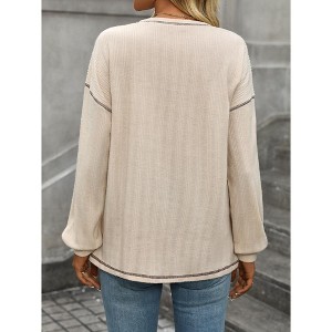 Women's Fall Winter T-Shirts Casual Loose Fit Long Sleeve Solid Blouse Ribbed Knit Round Neck with Front Pocket Tee Tops - 1 of 4