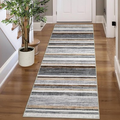 Modern Runner Rug Washable Striped Accent Carpet Non-Slip, Stain-Resistant Entry Rugs Low Pile Hallway Rug