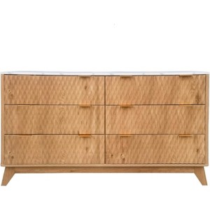 Fluted Dresser with 6 Drawers, Faux Marble Top Drawer Storage Cabinet, Modern Solid Wood TV Stand, Living Room, Hallway, Entrance - 1 of 4