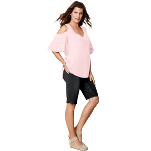 Roaman's Women's Plus Size Ruffle-Sleeve Top With Cold Shoulder Detail - 1 of 2