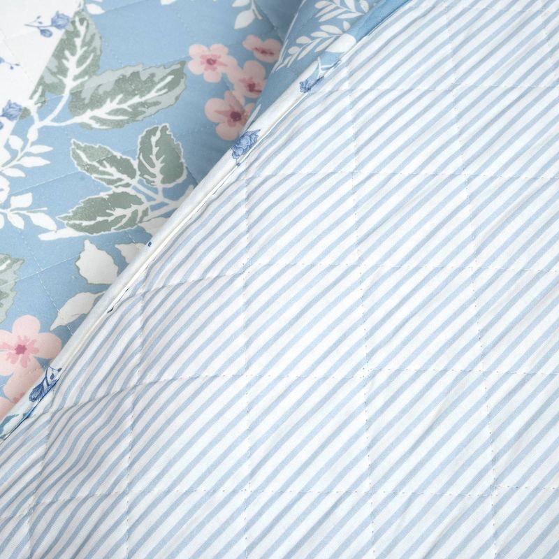 Lush Décor 3pc Cottage Core Flower Stripe Oversized Reversible Quilt Set Blue/Dusty Pink, 6 of 11