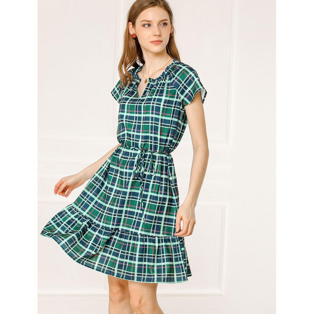 Женские платья INSPIRE CHIC Women's Raglan Sleeve V Neck Tie Waist Dresses Green X-Large — фото 3