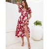 WhizMax Women's Bohemian Floral Printed V Neck Ruffle Hem A-Line Short Sleeve Split Beach Party Maxi Dress - 2 of 4