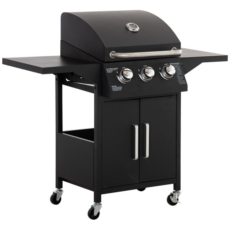 Outsunny 3 Burner Portable Gas Grill w/ Wheels, Outdoor Steel Propane Barbecue w/ Warming Rack, Shelves, Storage Cabinet, Thermometer, Black, 4 of 7