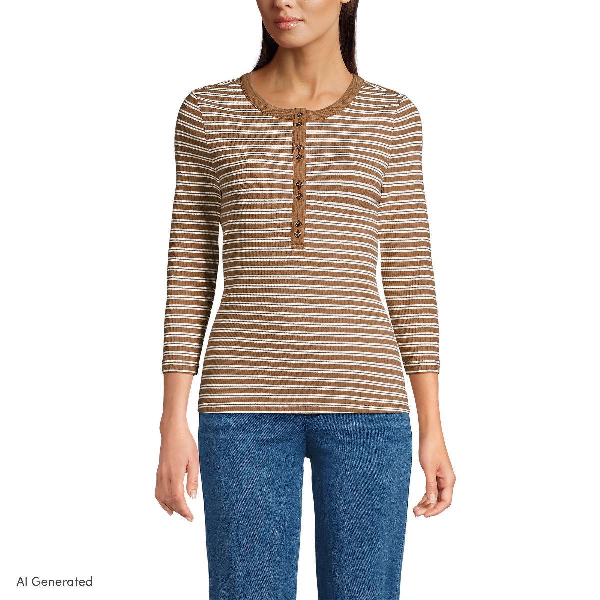 Lands' End Women's 3/4 Sleeve Polished Rib Henley Top
