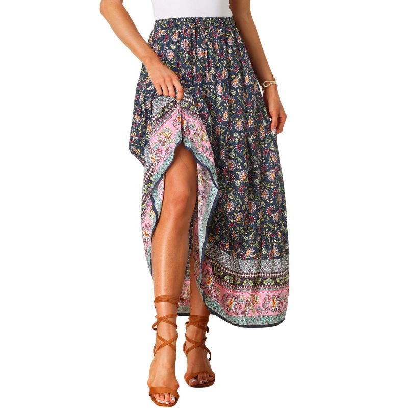 Allegra K Women's Boho Casual Floral Printed Elastic Waist Maxi Skirts, 1 of 6