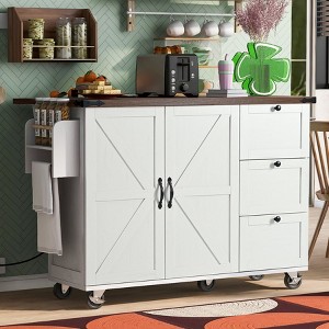 ORRD White Farmhouse Kitchen Island with Power Outlet, 54.5" Rolling Cart with Drop Leaf, Spice Rack & Storage, Mobile Kitchen Cabinet - 1 of 4