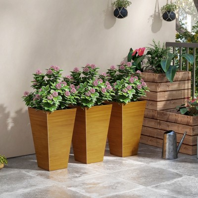 Set of 3 Light Brown Tall Faux Wood Outdoor Planters