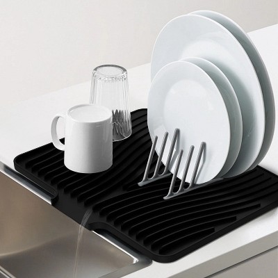 LunaLulinlk Silicone Dish Drying Mat with Raised Drain 16x12 inche Lip Nonslip Dish Drain Mat Heat Resistant Reusable Silicone Drying Pad (Black)