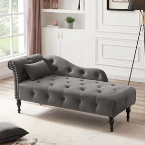 Aijia 60.6" Velvet Chaise Lounge (Left Arm) - Tufted Button & Nailhead Trim Design with Solid Wood Legs & Pillow, 300lb Capacity - 1 of 4