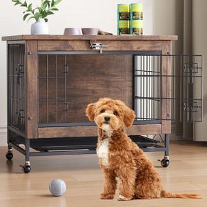 Dog Crate Furniture for Small Medium Dogs, 26.4" Indoor Wooden Kennel with Double Doors, 4 Locking Wheels, Removable Tray, Chew-Proof Cage Table - 1 of 4