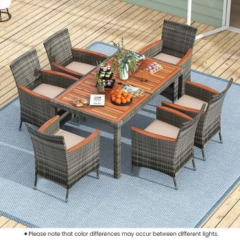Costway 7 Pieces Outdoor Wicker Dining Set with Acacia Wood Table and 6 Armchairs