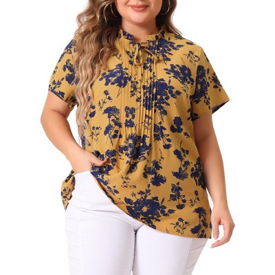 Agnes Orinda Women's Plus Size Self-tie Ruffle Pleated Floral Elegant Casual Blouses