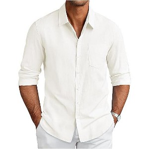 COOFANDY Men's Long Sleeve Button Down Shirts Casual Cotton Linen Shirts Summer Beach Shirt with Pocket - 1 of 4