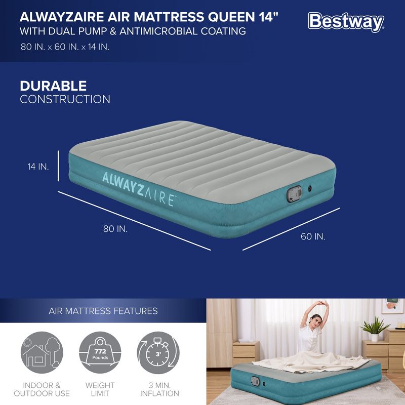 Bestway AlwayzAire 14" Inflatable Air Mattress 2 Person Queen-Sized Indoor Bed with Rechargeable USB Electric Built-In Pump, Gray, 3 of 8