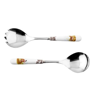 Spode Woodland Salad Servers – 10 Inch Porcelain & Steel Set Featuring Pheasant, Quail, Pintail & Duck Motifs – Elegant Game Bird Design
