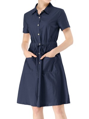 INSPIRE CHIC Women's Point Collar Front Elastic Waist Drawstring Mini Shirt Dress with Pocket