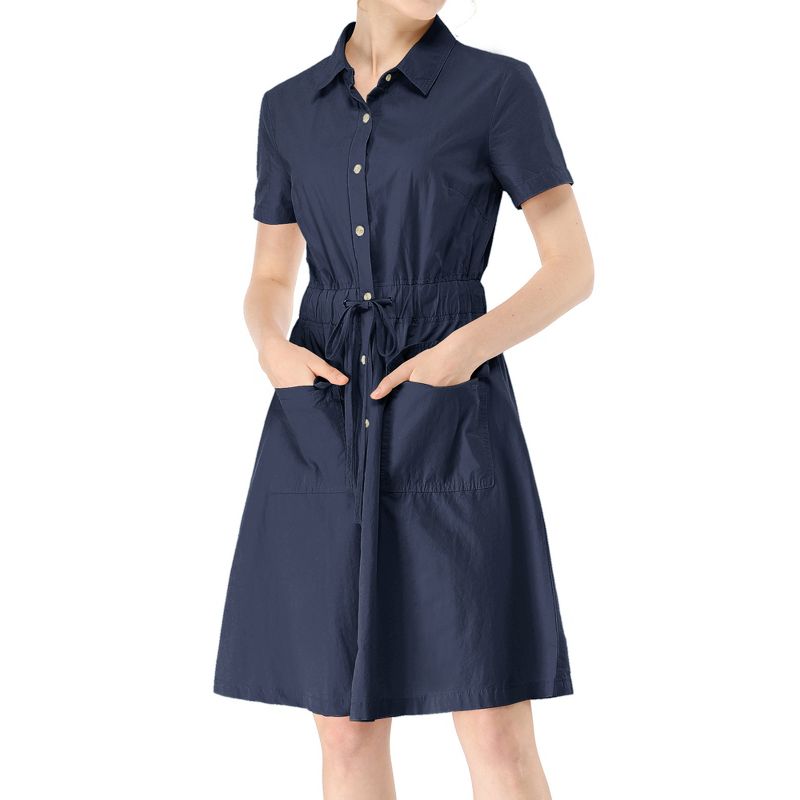 Allegra K Women's Point Collar Front Elastic Waist Drawstring Above Knee Shirt Dress with Pocket, 1 of 8