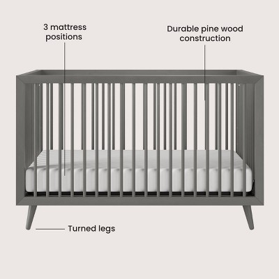 Lunar Gray Pine Wood Mid-Century Modern Convertible Crib