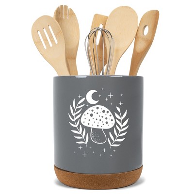 Elanze Designs 8 inch Moon Mushroom Leaf and Stars Large Ceramic Kitchen Utensil Holder Gray and White Crock with Cork Base