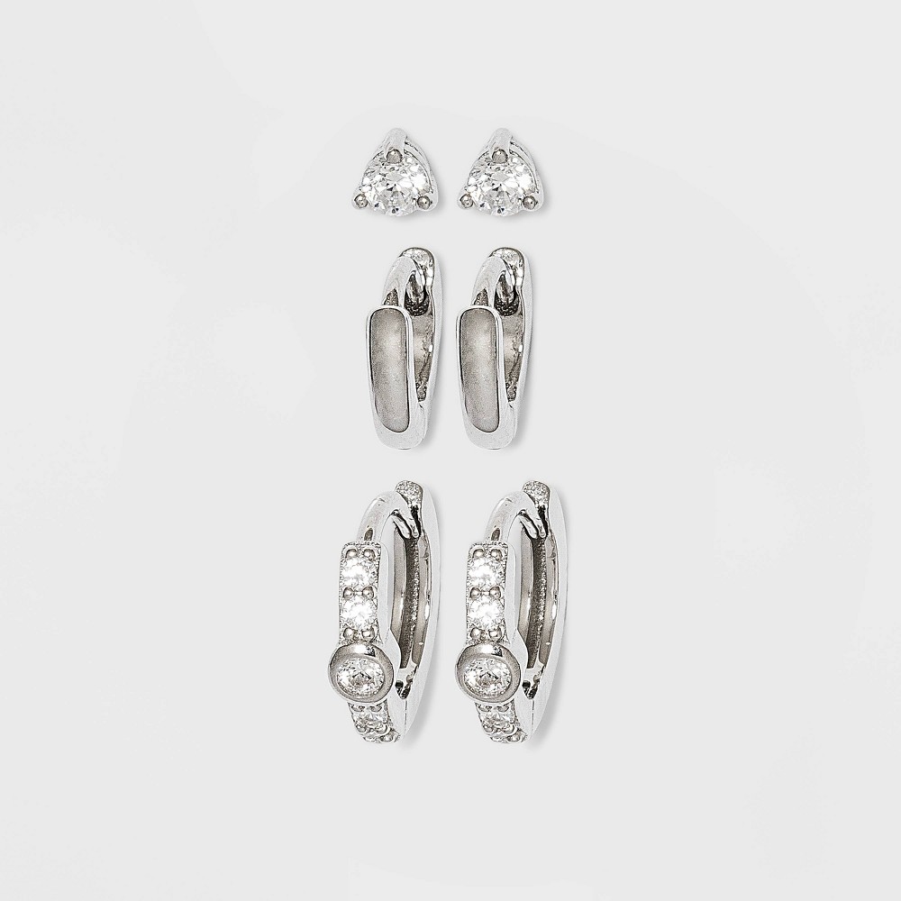 Photos - Earrings Sterling Silver Cubic Zirconia Stud and Huggie Hoop Trio Earring Set - A N