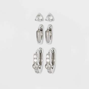 Sterling Silver Cubic Zirconia Stud and Huggie Hoop Trio Earring Set - A New Day™