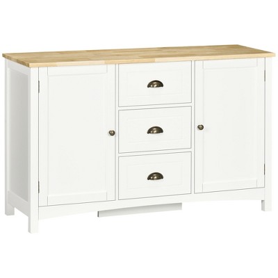 HOMCOM Buffet Cabinet with 3 Storage Drawers and Adjustable Shelves, 2 Door Sideboard with Rubber Wood Top, Coffee Bar for Living Room