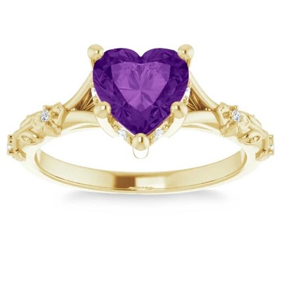 Pompeii3 7mm Amethyst Vintage Diamond Heart Shape Leaf Ring in 14k White or Yellow Gold