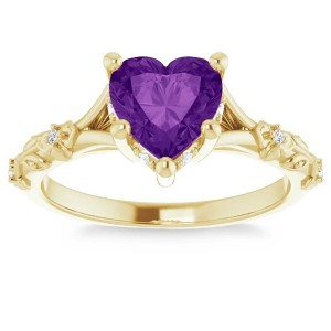 Pompeii3 7mm Amethyst Vintage Diamond Heart Shape Leaf Ring in 14k White or Yellow Gold - 1 of 4