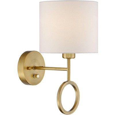 Amidon Warm Brass Drop Ring Plug-In Wall Lamp with White Drum Shade