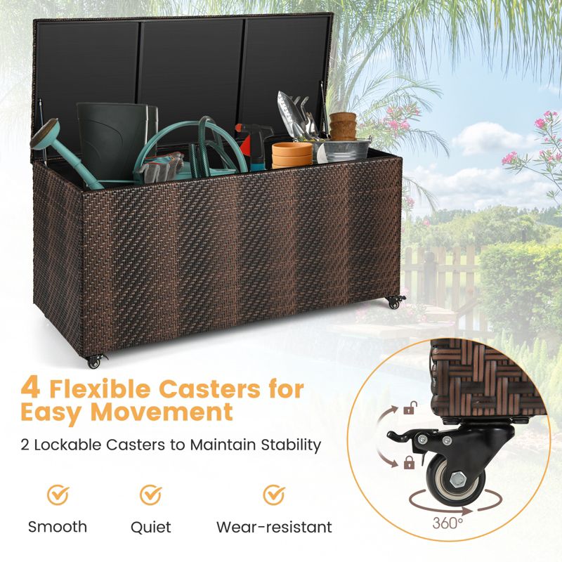 Tangkula 96 Gallon Outdoor Storage Box PE Wicker Deck Box with 4 Wheels & Waterproof Liner Patio Rattan Storage Container Mix Brown/Mix Grey, 5 of 11