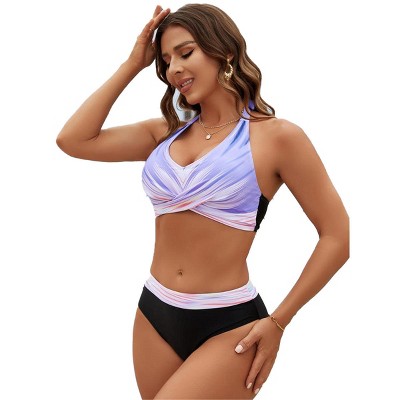 Womens Color Block Swimsuits Sets 2 Piece Halter Neck Bikini Sets V Neck Bating Suits Sets Front Twist Mid Waist Swimsuits for Summer