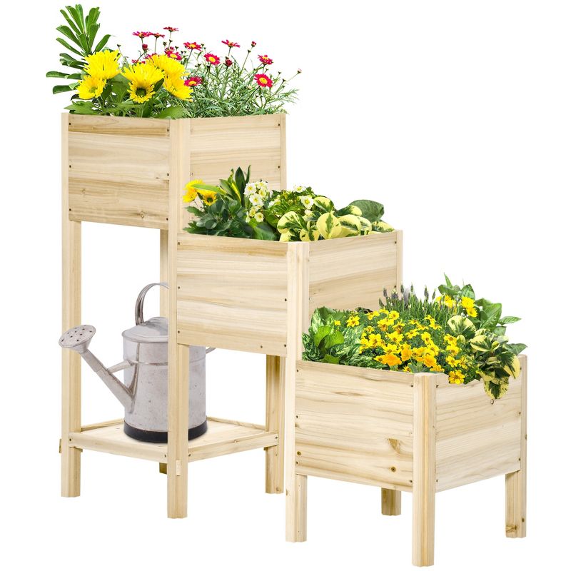 Outsunny 49'' x 18'' x 43'' 3-Tier Raised Garden Bed w/ Storage Shelf, Wood Raised Garden Boxes, Freestanding Wooden Plant Stand, 4 of 7