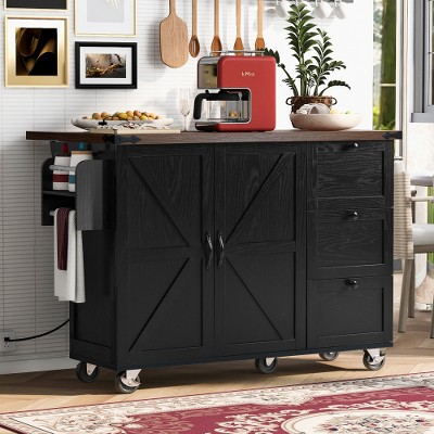 JUJABU 54.5 in. W Farmhouse Kitchen Island with Power Outlet, Internal Storage Rack