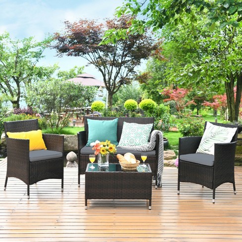 Costway Outdoor 3 PCS Rattan Wicker Furniture Sets Chairs Coffee Table  Garden Navy