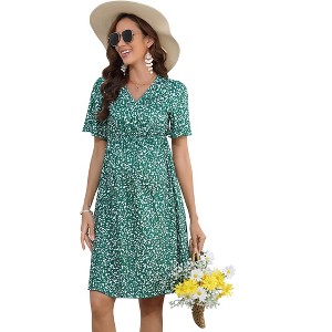 Womens Casual A Line Swing Wrap Maternity Dress Flowy Midi Maternity Dress - 1 of 1