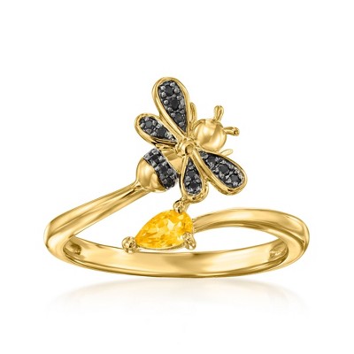 Ross-Simons 0.10 Carat Citrine and .20 ct. t.w. Black Spinel Bumblebee Bypass Ring in 18kt Gold Over Sterling