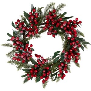 Northlight 18" Unlit Frosted Green Leaves and Red Berries Artificial Christmas Wreath - 1 of 4