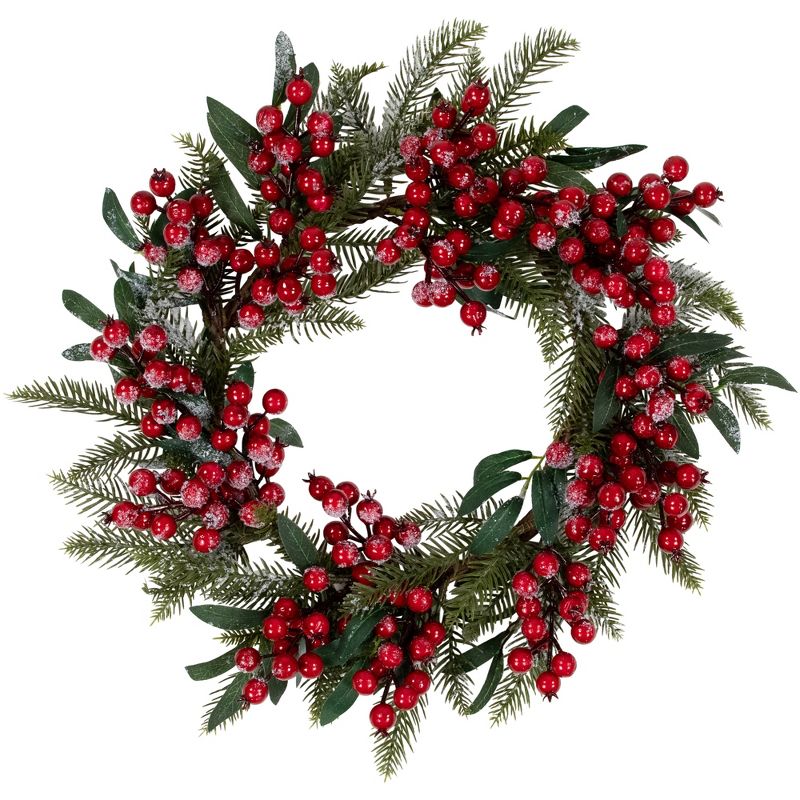 Northlight 18" Unlit Frosted Green Leaves and Red Berries Artificial Christmas Wreath, 1 of 9