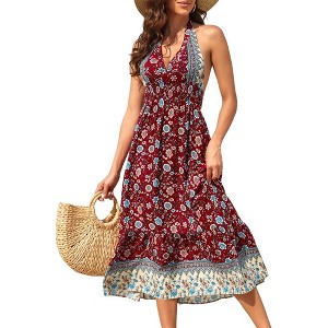 YesFashion Women's Dress Boho Deep V Neck Sleeveless Backless Adjustable Tie dress Floral Print Midi Dress Flowy Beach Dress - 1 of 4