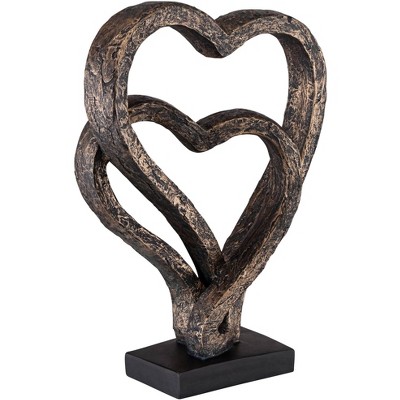 Aged Bronze Interlocking Hearts 12" Statue on Black Base