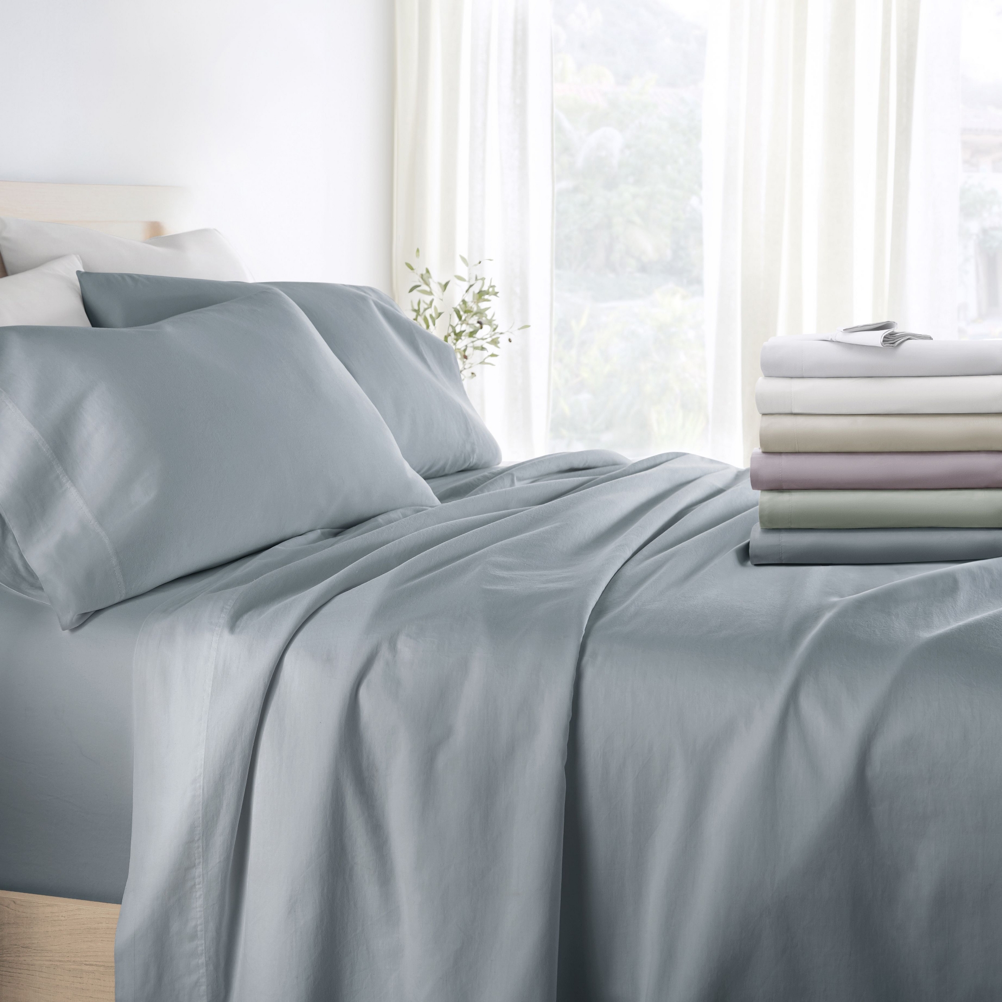 300 Thread Count 100% Cotton 4 Piece Solid Sheet Set Sateen Weave - Becky Cameron, Blue, Queen