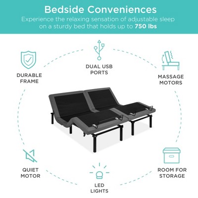 Split King Adjustable Metal Frame Upholstered Bed Base with Massage and USB Ports